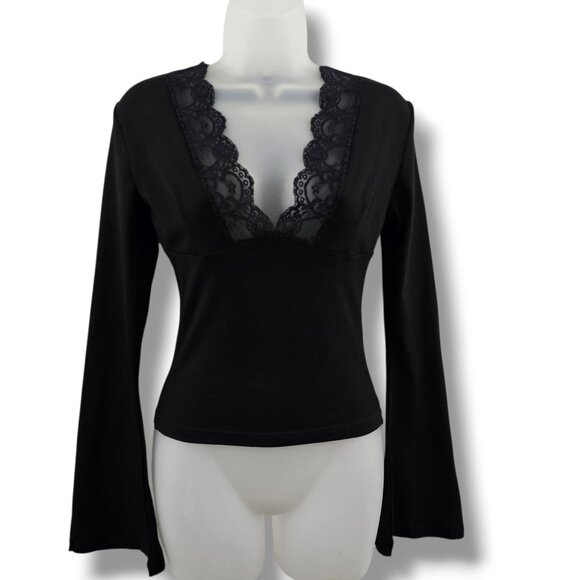 Y2K Black Bell Sleeve Babydoll Top M Lace V-Neck Whimsigoth Fairygrunge Witchy - Picture 1 of 14